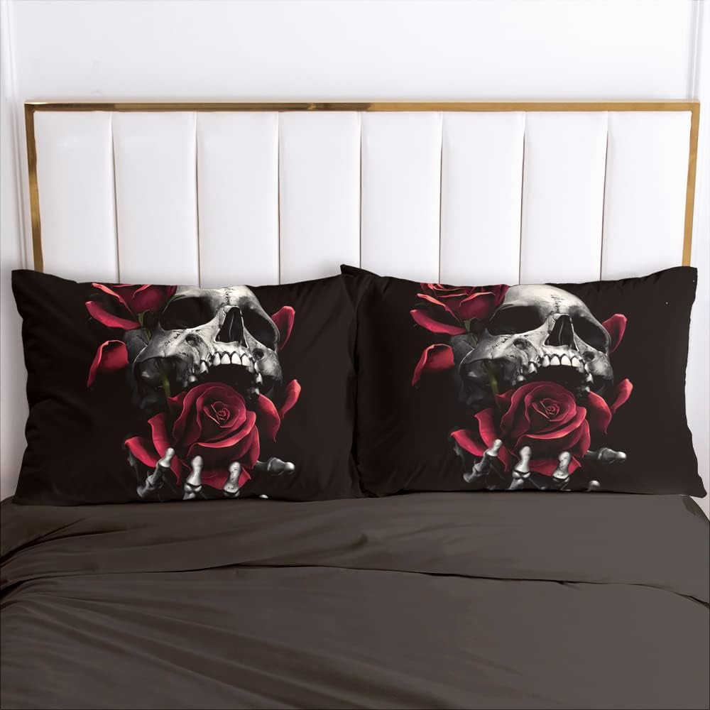 Luowei Bettwäsche Totenkopf 220x240 Schädel Rosen Gothic Microfaser Bettbezug Set Weiche Komfort Bet