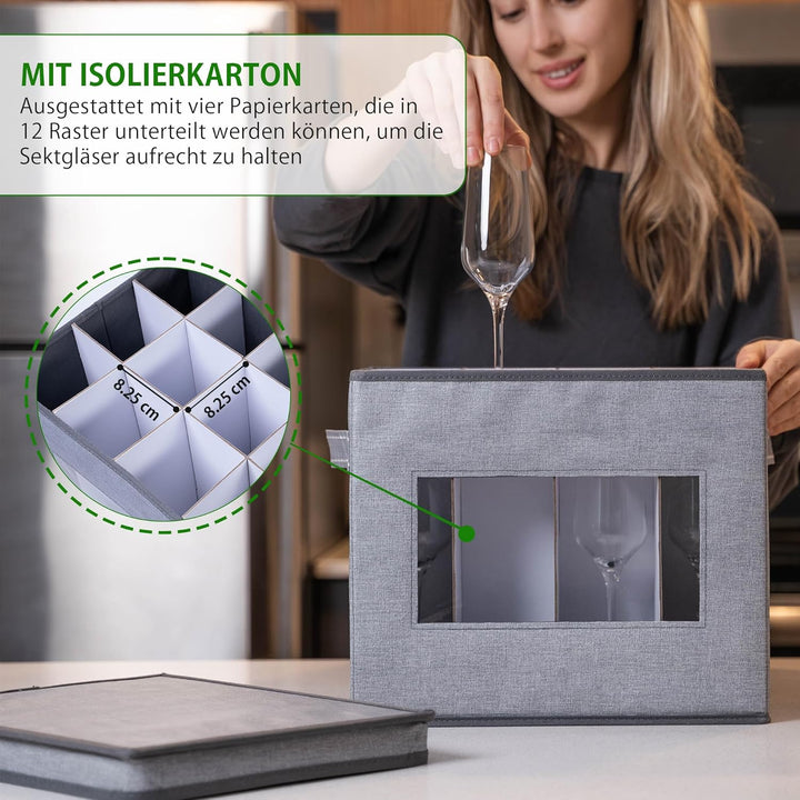 VENO Aufbewahrungsbox für Champagnerflöten aus Glas mit Deckel und Griffen, Stielgläser-Organizer, F