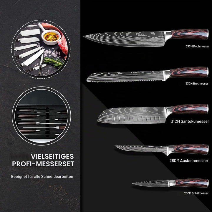 Gustrug Messerset 5-tlg Küchenmesser Set mit Ergonomischen Griff, Profi Messer Set aus Hochwertigem