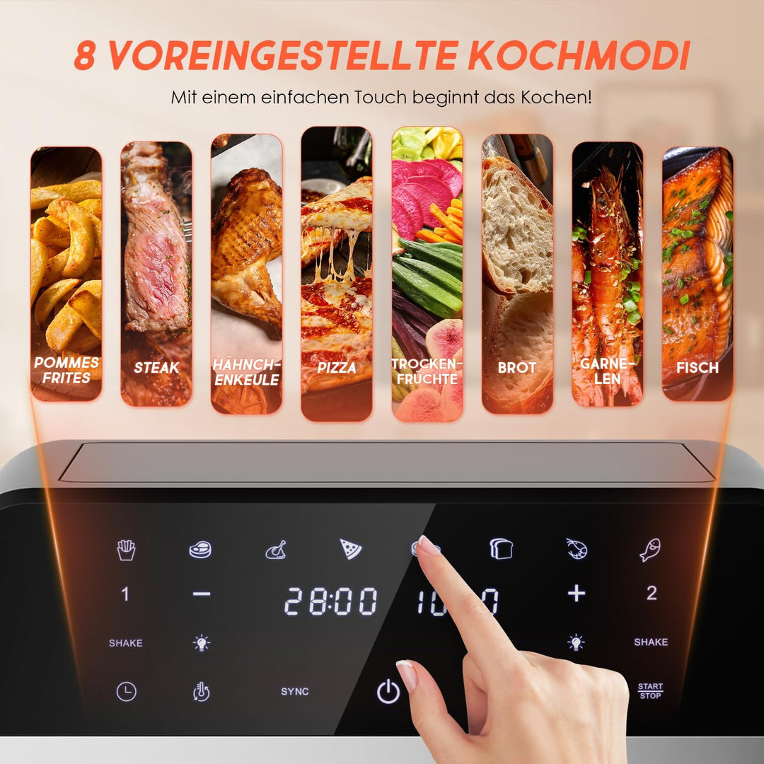 Airfryer,Heissluftfritteuse 2 kammern,8 Programme,Heissluftfritteuse mit Touchscreen,Spülmaschinenfe