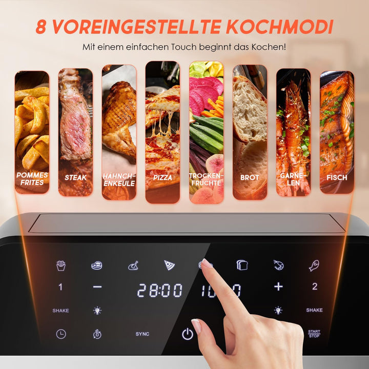 Airfryer,Heissluftfritteuse 2 kammern,8 Programme,Heissluftfritteuse mit Touchscreen,Spülmaschinenfe