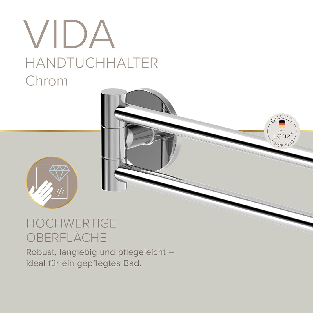Lenz Handtuchhalter VIDA in Chrom – 2 schwenkbare Arme, 40 cm – Robuste & Pflegeleichte Oberfläche –