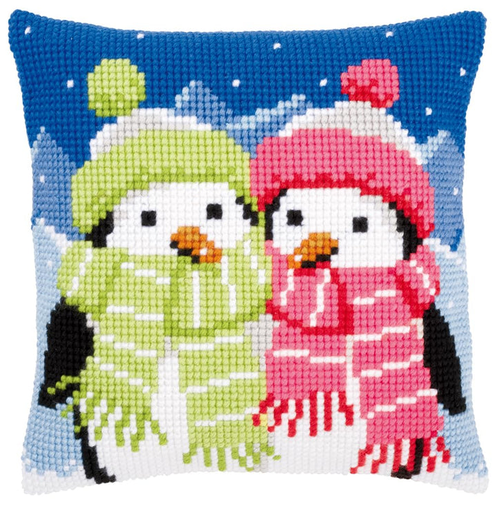 Vervaco Pinguine mit Schal Kreuzstichkissen/Stickkissen vorgedruckt, Baumwolle, Penguins with Scarf,