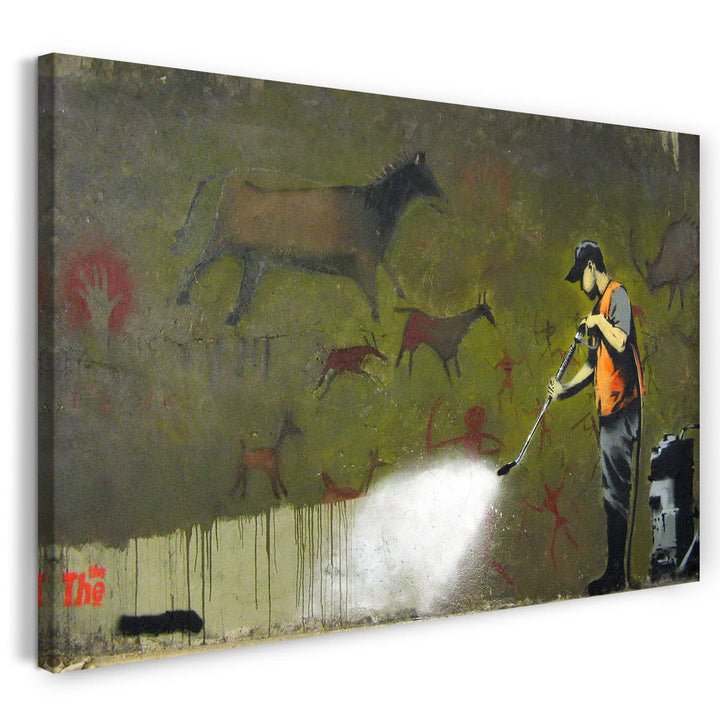 Printed Paintings Leinwand (60x40cm): Banksy - Mann entfernt uralte Wandbemalung Desaster 60x40 cm,