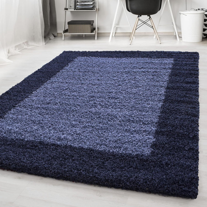 HomebyHome Teppich Wohnzinmer Shaggy Hochflor Marineblau Läufer 80x250 cm Bordüre Läufer Flur - Flau