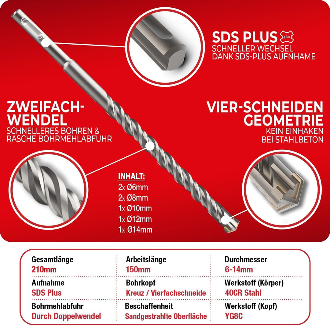 SCHWABENBACH ® SDS PLUS Bohrer- und Meissel-Set 11tlg 7x Betonbohrer 6-14 mm + 4x Meissel Kompatibel