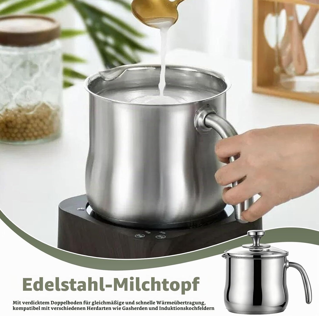 2L Milchtopf Edelstahl mit Deckel und Ausgiesser, Kochtopf Induktion mit Griff, Simmertopf Puddingto