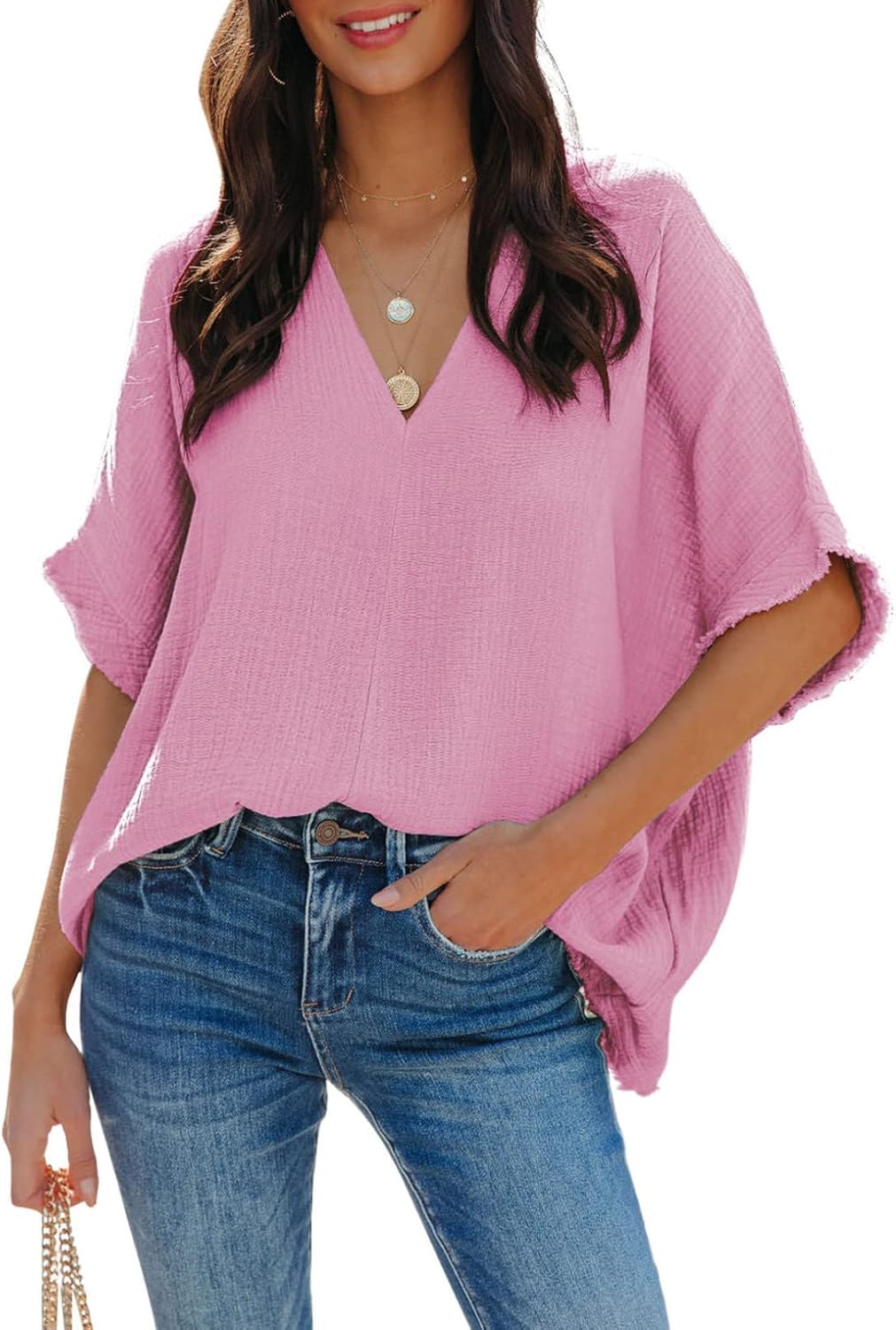 Dokotoo Damen Bluse V-Ausschnitt Musselin Tunika Shirt Oberteil Sommer Kurzarm Locker Longshirt Tops