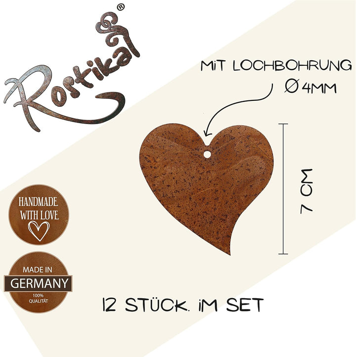 Rostikal Deko Set Herzen 7 cm Hochzeitsdeko Valentinstag Hängedeko Gartendeko Rost (12, 7 cm) 12 7 c