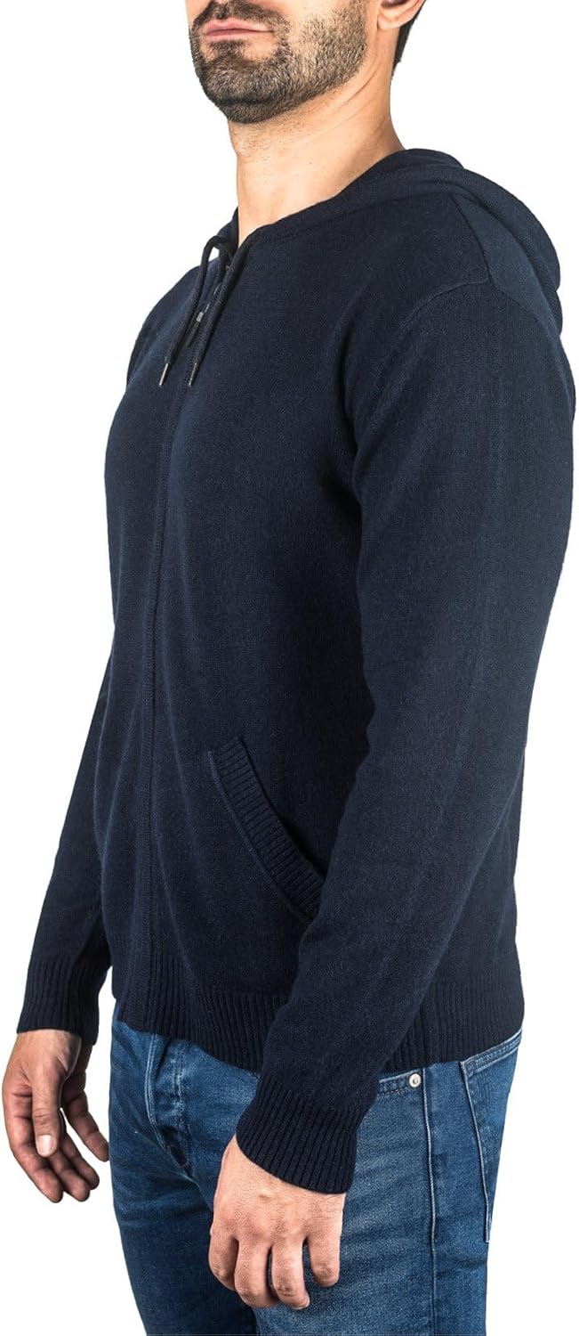 CASH-MERE.CH 100% Kaschmir Herren Kapuzenpullover | Hoodie mit Reissverschluss L Marine, L Marine