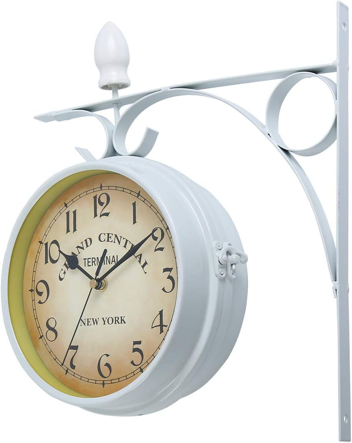 Samger Bahnhofsuhr Doppelseitig Wanduhr Garten Uhr Bahnhof mit Halterung, Retro Vintage-Stil, 29CM,