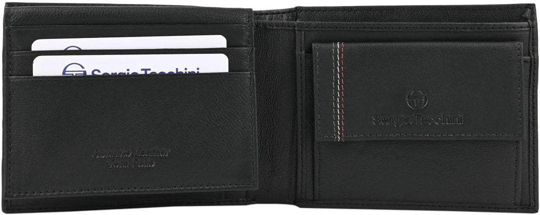 Sergio Tacchini Herren-Geldbörse aus echtem Leder, Schwarz, mit Kartenfach und Geschenkbox 11 x 9 x