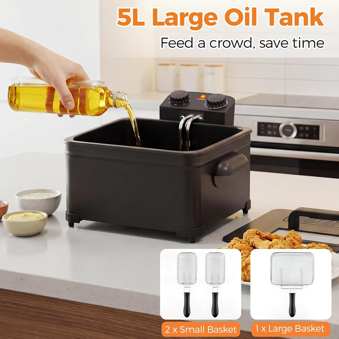 GIANTEX 5L elektrische Fritteuse, 1700W Friteuse mit 1 grossen und 2 kleinen Körben, 150-190℃ einste