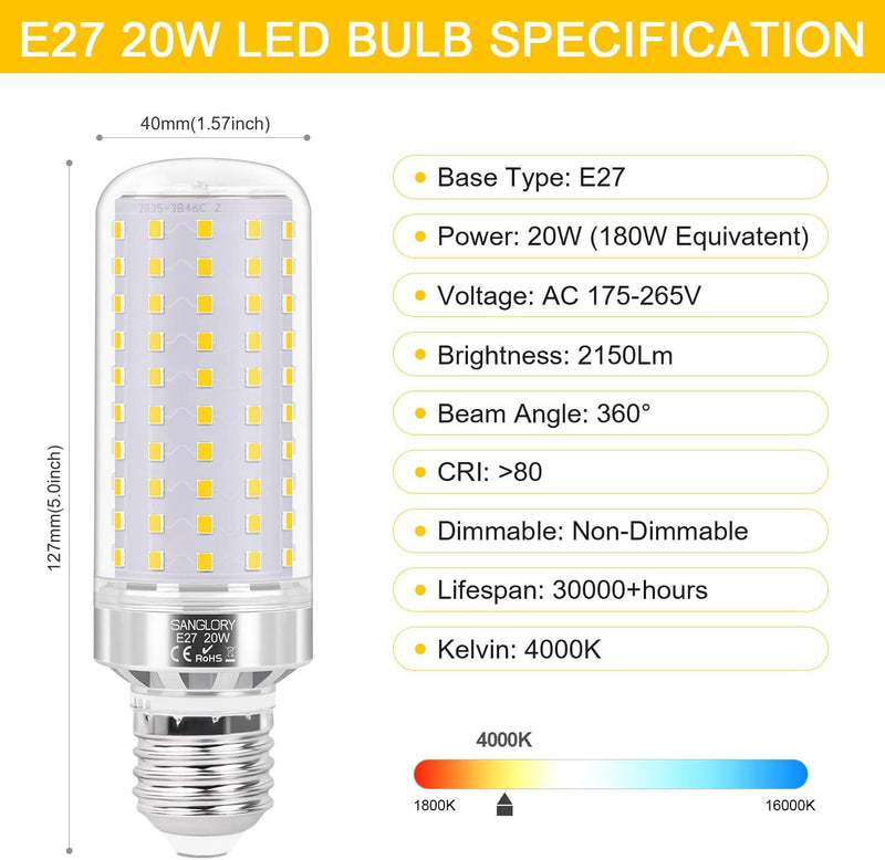 SanGlory E27 LED Mais Birne, 20W 2150 Lumen LED E27 Glühbirnen, ersetzt 180W Halogenlampe E27, 4000K