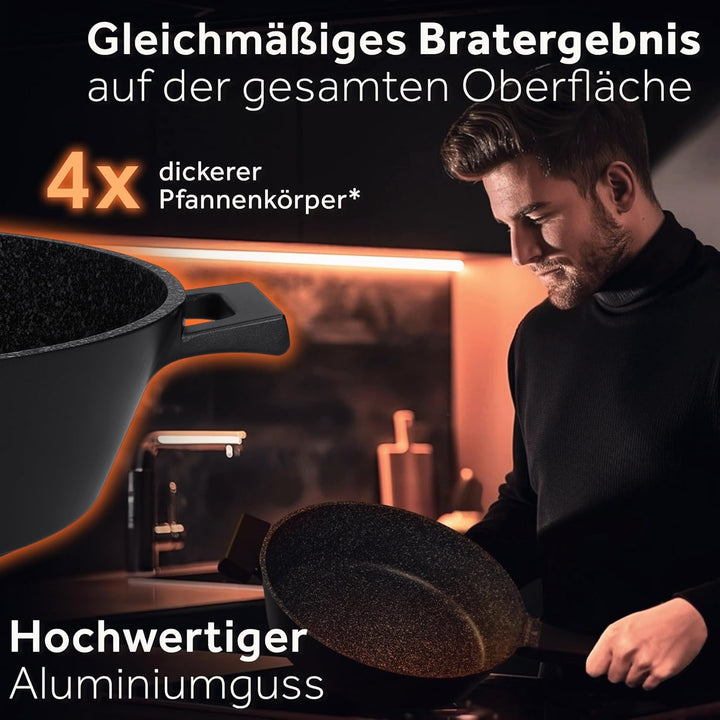 ZWIEGER Grosse Pfanne mit Deckel 28cm – Schmorpfanne 28 cm hoher Rand, Aluguss, vollflächiger Edelst