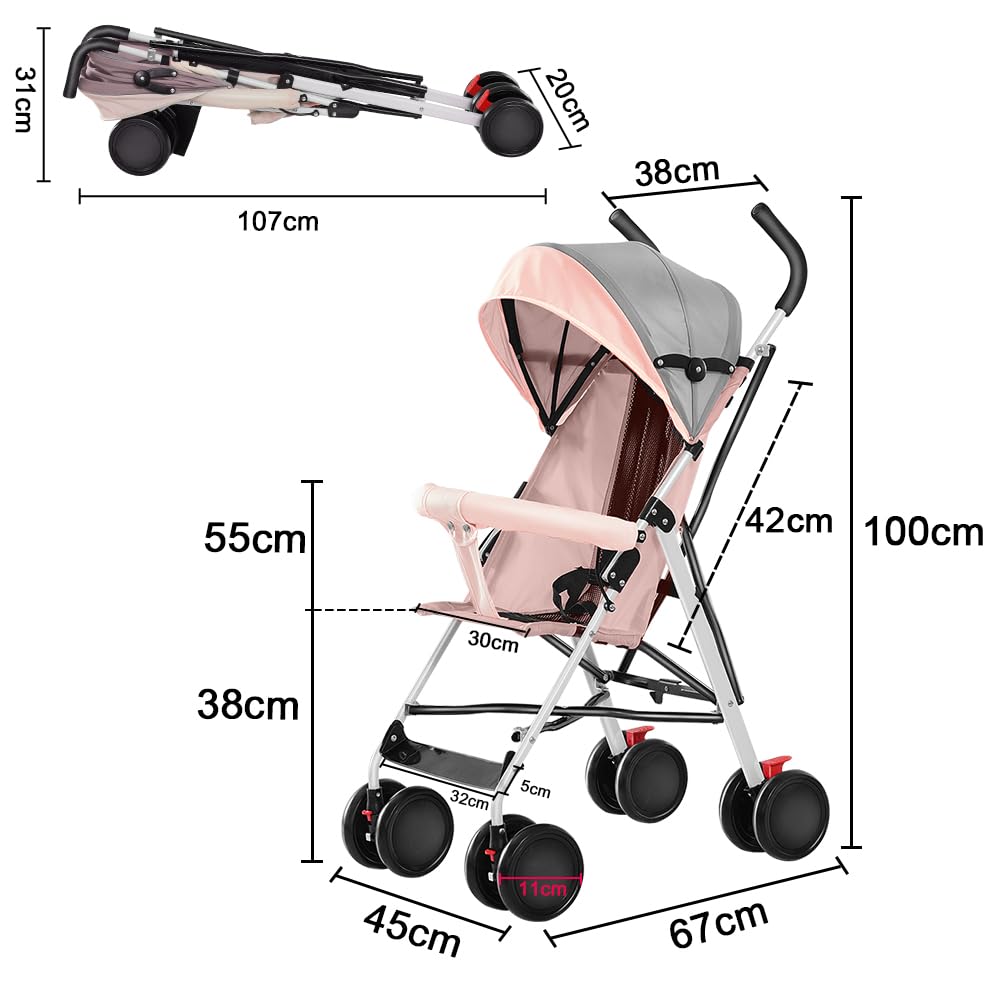 Leichter Buggy ab 6 Monaten, Fester Sitz &amp; 3-Stufen Sonnenverdeck, 4-Rad Reisebuggy Klein Zusammenkl