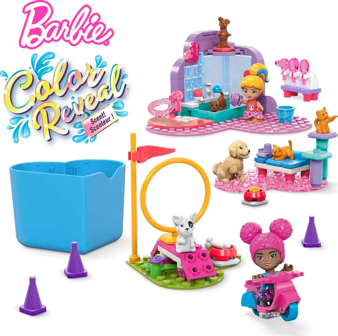 MEGA HHP89 - Barbie Color Reveal Bauspielzeug, Tiere zum Trainieren und Waschen mit 2 kleinen Barbie