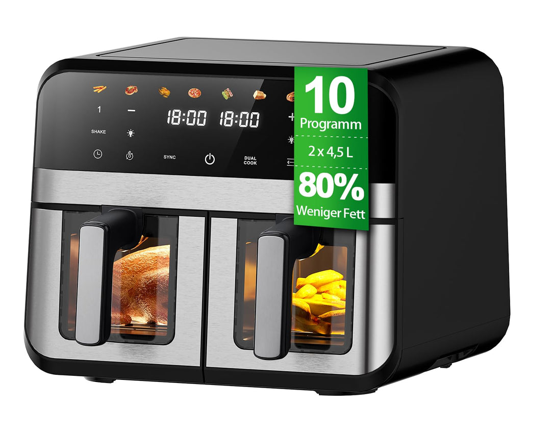 9L XXL Doppelkammer Heissluftfritteuse mit 2 Körben, 8 Programmen & Smart Finish – Dual Zone Airfrye