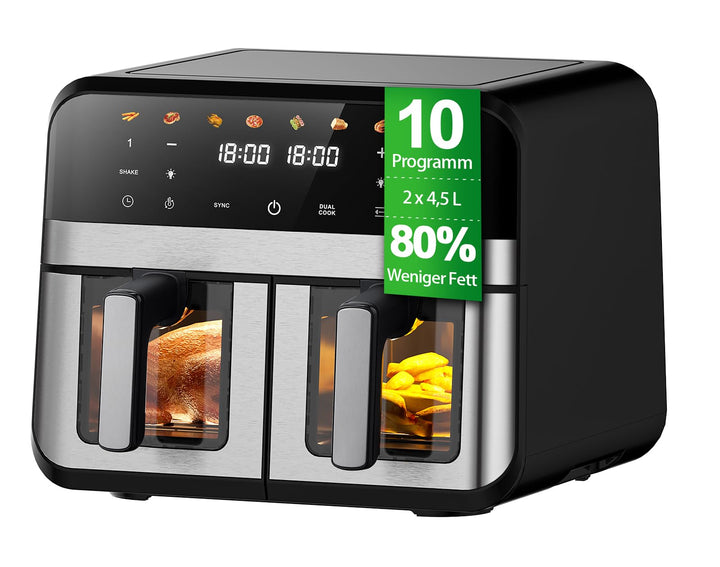 9L XXL Doppelkammer Heissluftfritteuse mit 2 Körben, 8 Programmen & Smart Finish – Dual Zone Airfrye