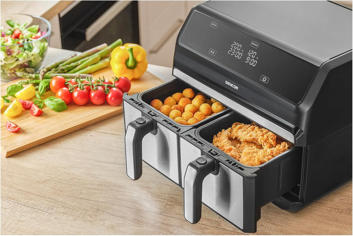 Sencor Luftfritteuse Air Fryer, Doppelfachfach, Luftzirkulationstechnologie, hohe Geschwindigkeit, b