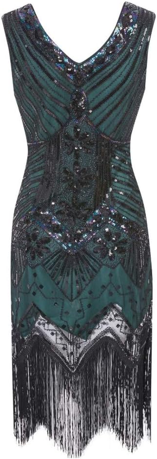 MIMIKRY 20er Jahre Charleston Flapper Damen-Kostüm Grün/Schwarz Pailletten-Kleid mit Fransen und 5-t