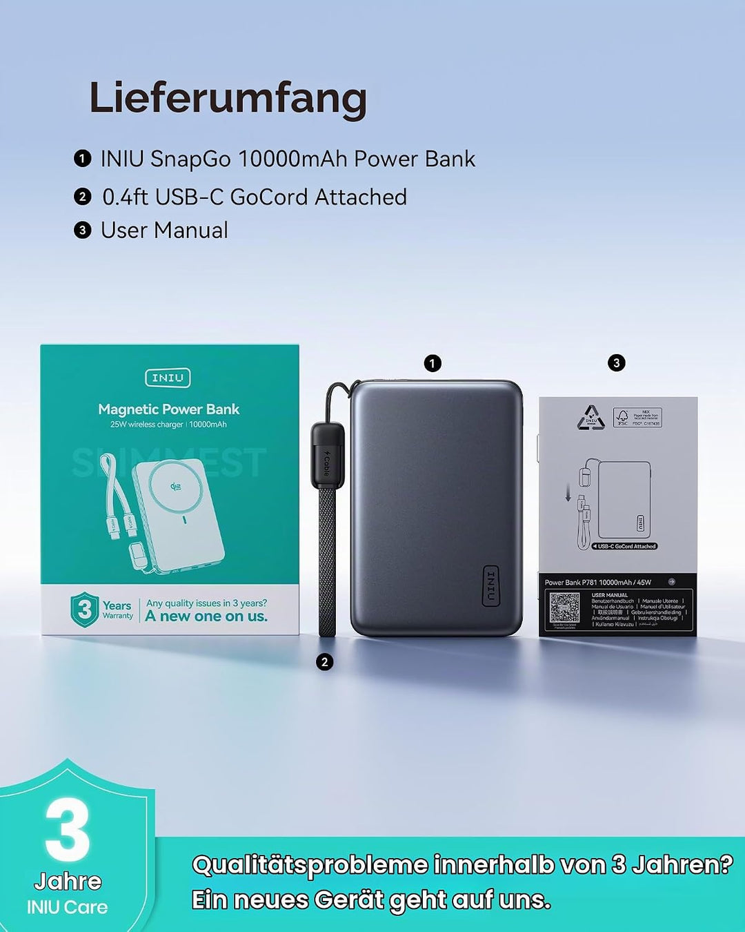 INIU for MagSafe Power Bank, 10000mAh Qi2 25W Kabelloses &amp; 45W USB C Charge | Wireless Fast Charging