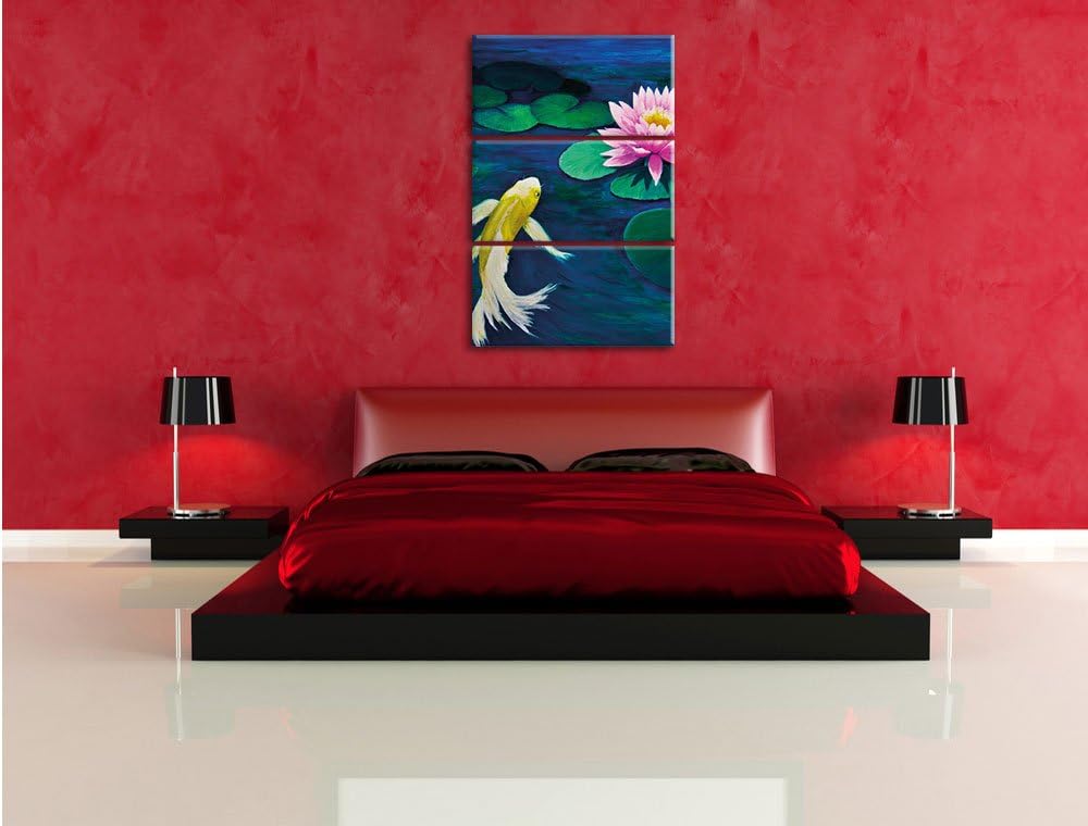 Pixxprint Koi mit Seerose Kunst als Leinwandbild - Grösse: 3-Teilig (120x80cm) - Wandbild - Kunstdru
