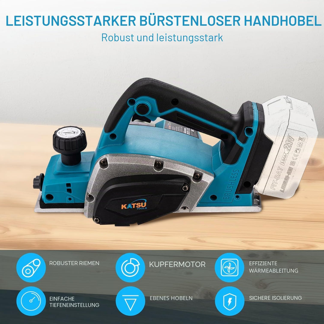 KATSU FIT-BAT Akku-Hobel 21V 82mm, Bürstenlos, 2mm Span, Alu-Sohle mit 3 V-Nuten, Extra Klingen, Ohn