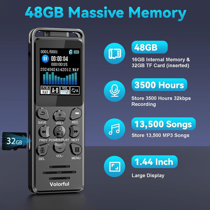 48GB Diktiergerät Digital 70 Std Aufnahmegerät mit Externem Mikrofon, Volorful 1,44" Farbbildschirm
