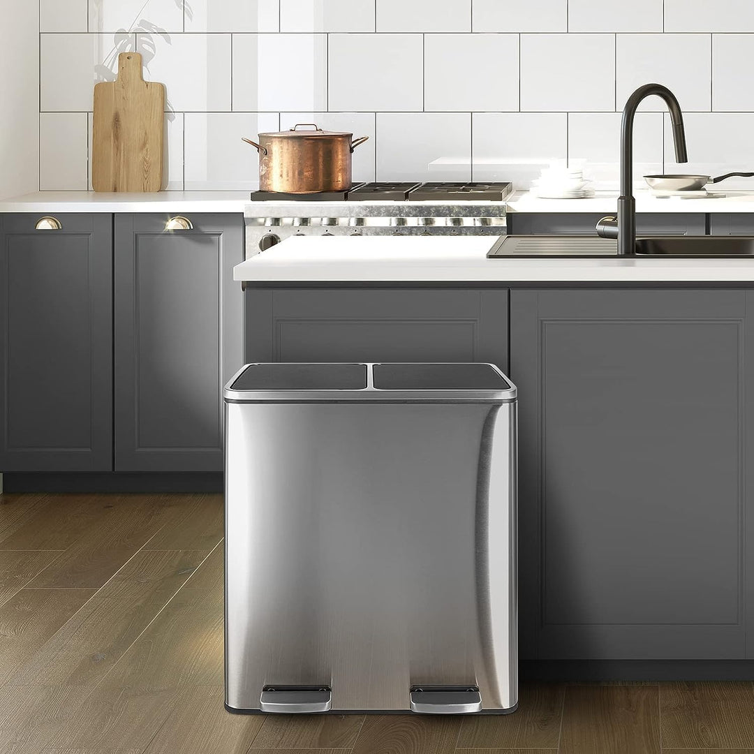 LIFERUN Mülleimer 2 Fächer, Abfalleimer Küche 60L (2x 30 Liter), aus Metall, mit Softclose Deckel, 2