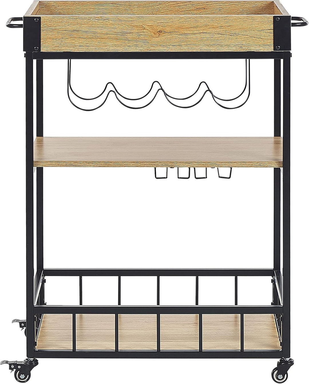 Beliani Servierwagen Heller Holzfarbton Metall schwarz mit Weinregal Glashalter Hullet