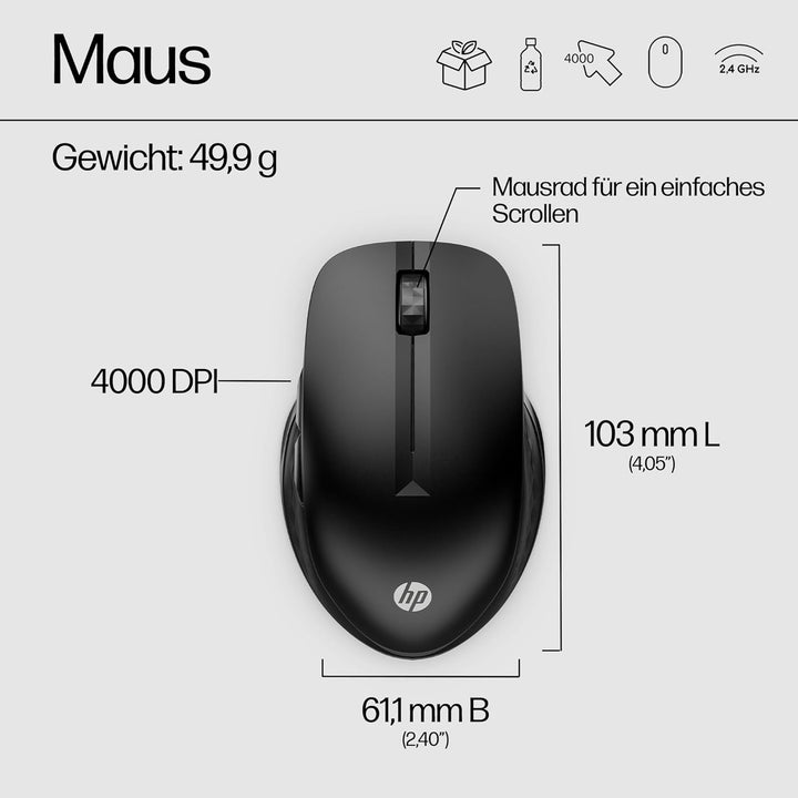 HP 430 Wireless-Maus | Wireless-Verbindung mit 2,4 GHz & Bluetooth 5.2 | USB Dongle | 4.000 dpi | 4