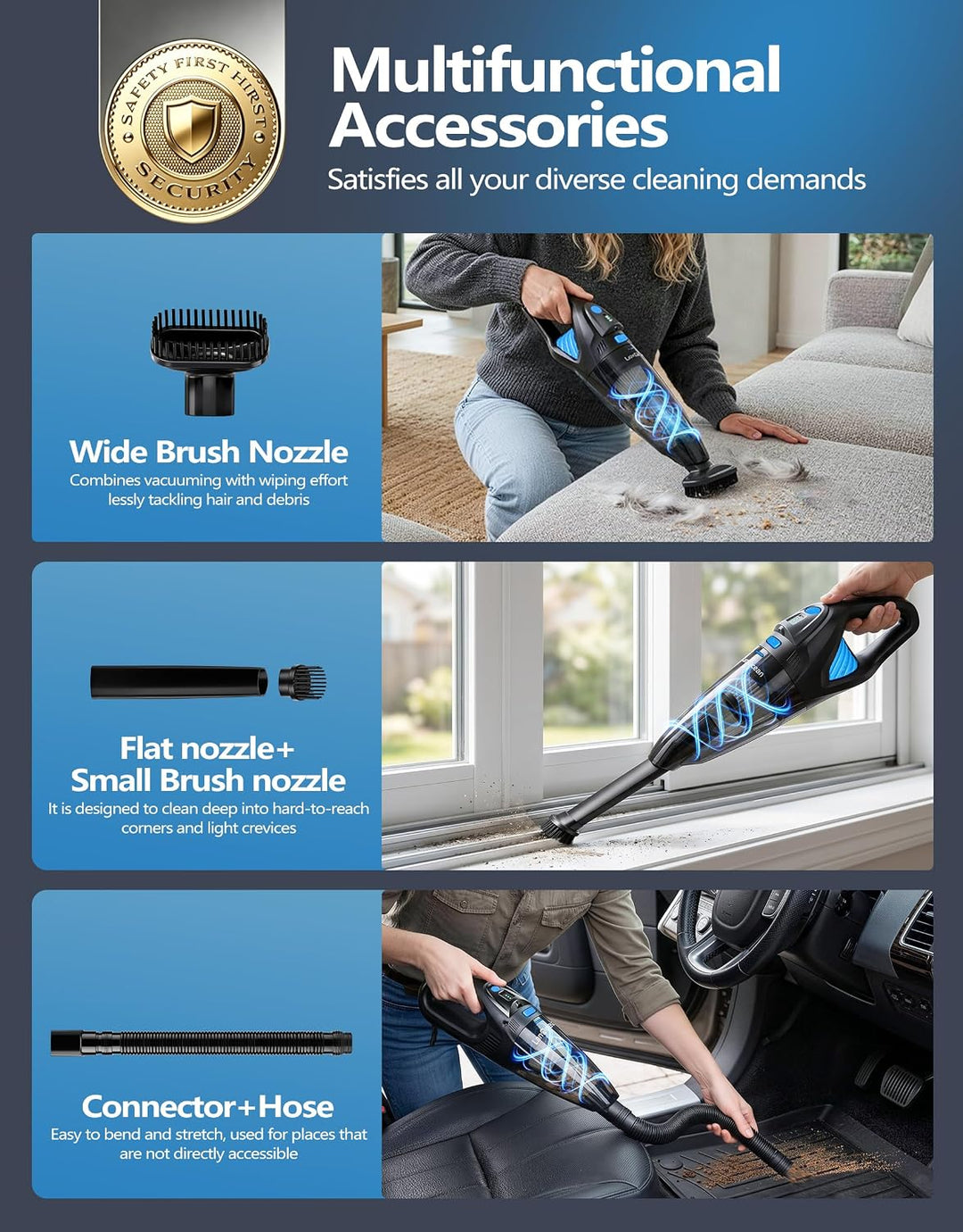 LanOcean Handstaubsauger Akku mit Ladestation, 25000Pa Kabelloser Handstaubsauger Auto mit LED Beleu
