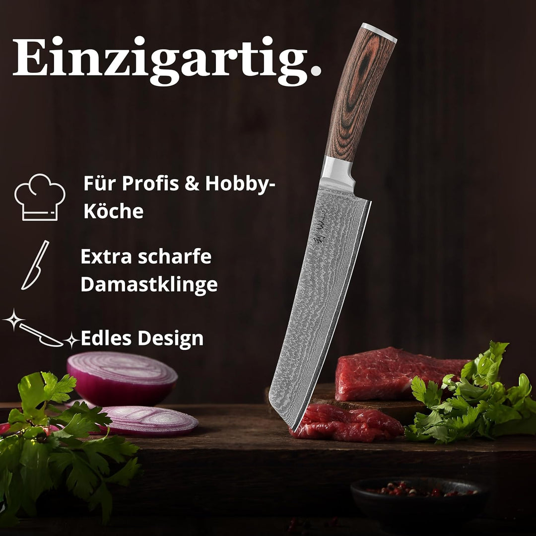 Wakoli EDIB Bunka Küchenmesser aus echtem Damaststahl (VG10 Kern) mit 20 cm Klinge – Scharf & ergono