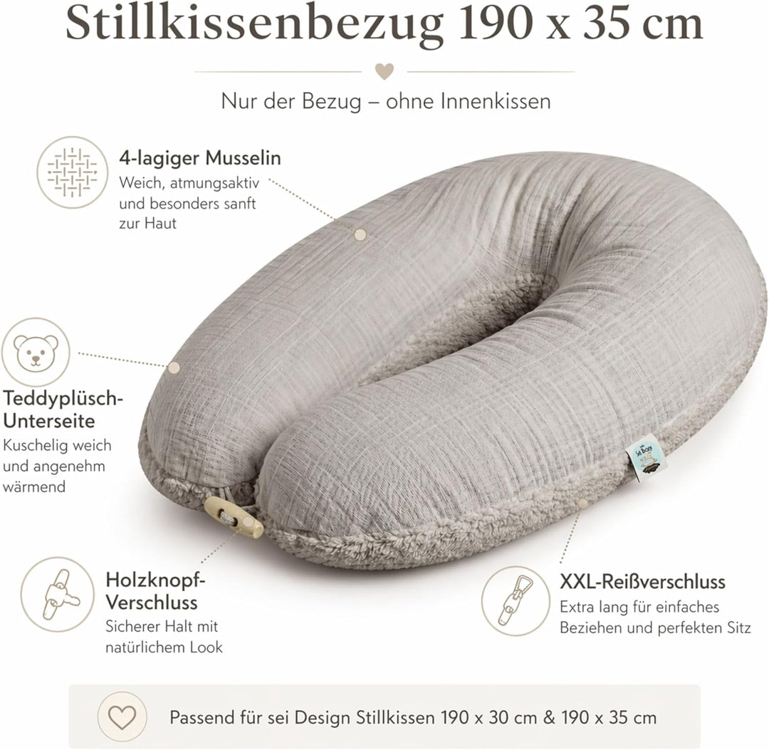 sei Design Stillkissenbezug 4-lagiger Musselin Teddyplüsch XXL 190 x 35 cm Grau – GOTS Bio-Baumwolle