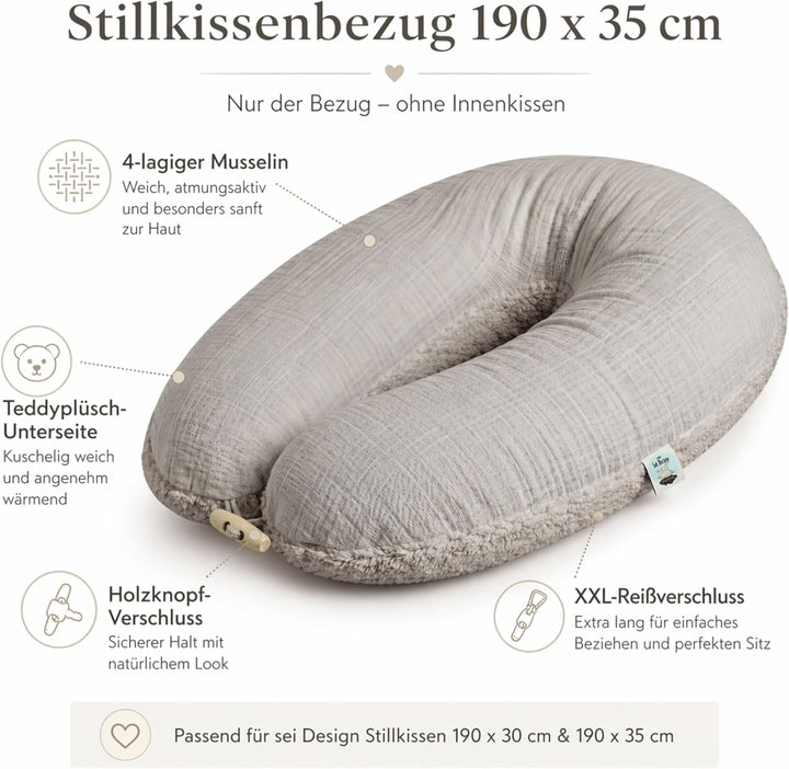 sei Design Stillkissenbezug 4-lagiger Musselin Teddyplüsch XXL 190 x 35 cm Grau – GOTS Bio-Baumwolle