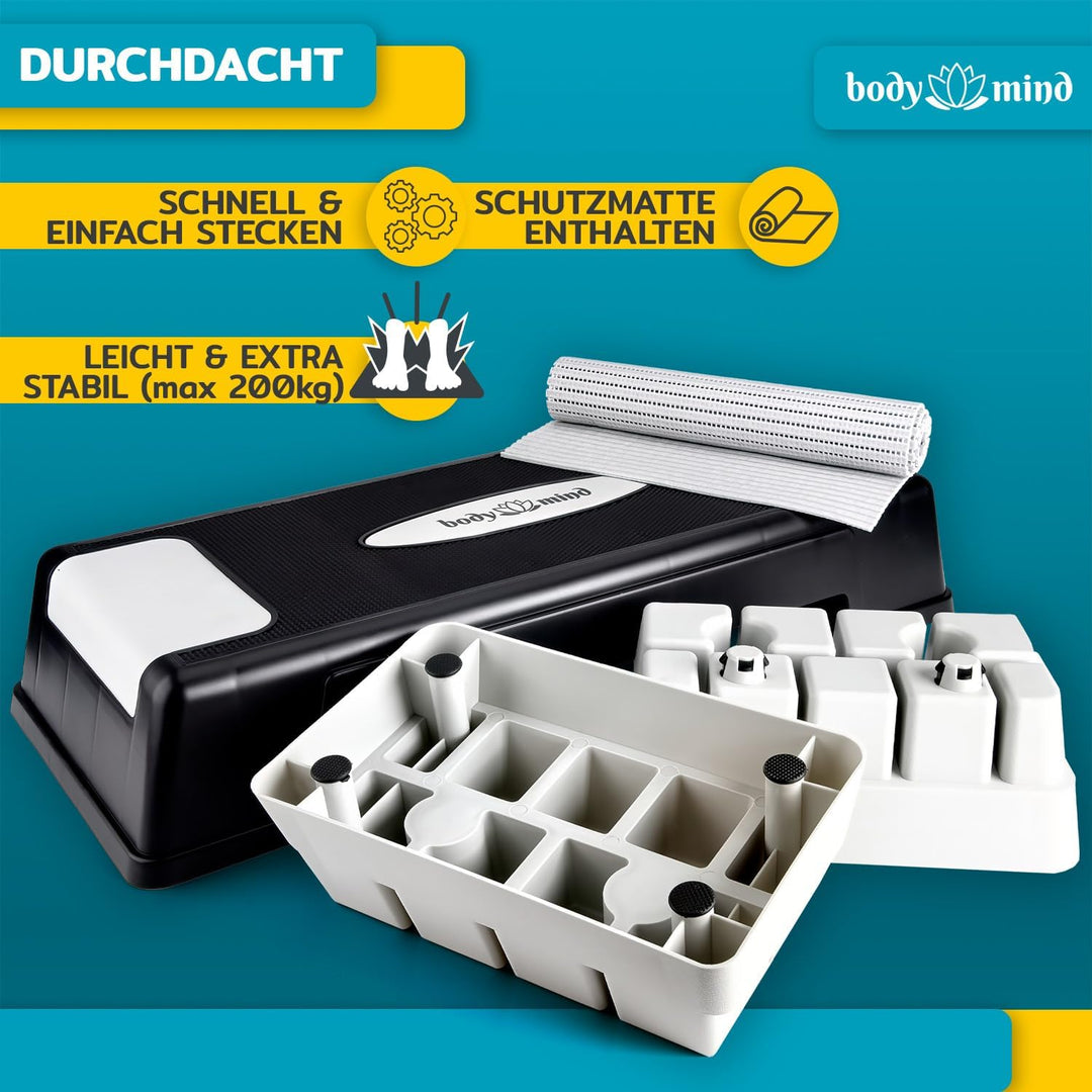 Body & Mind® Aerobic Steppbrett Stepper Step-Bench mit gratis Anti-Rutsch-Matte & exklusiven Trainin