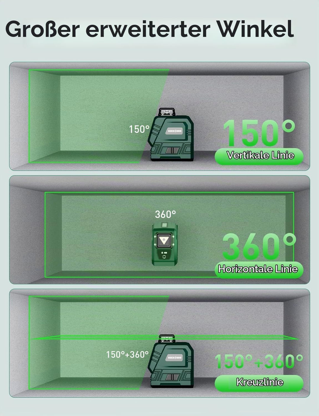 Laser-Wasserwaage mit 1,2m-Stativ, RockSeed 1x360° Horizontal und 1x150° Vertikal Grüner Linie Selbs