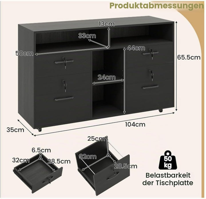 GIANTEX Rollcontainer, mobiler Aktenschrank mit 4 Schubladen, abschliessbarer Büroschrank mit Rollen