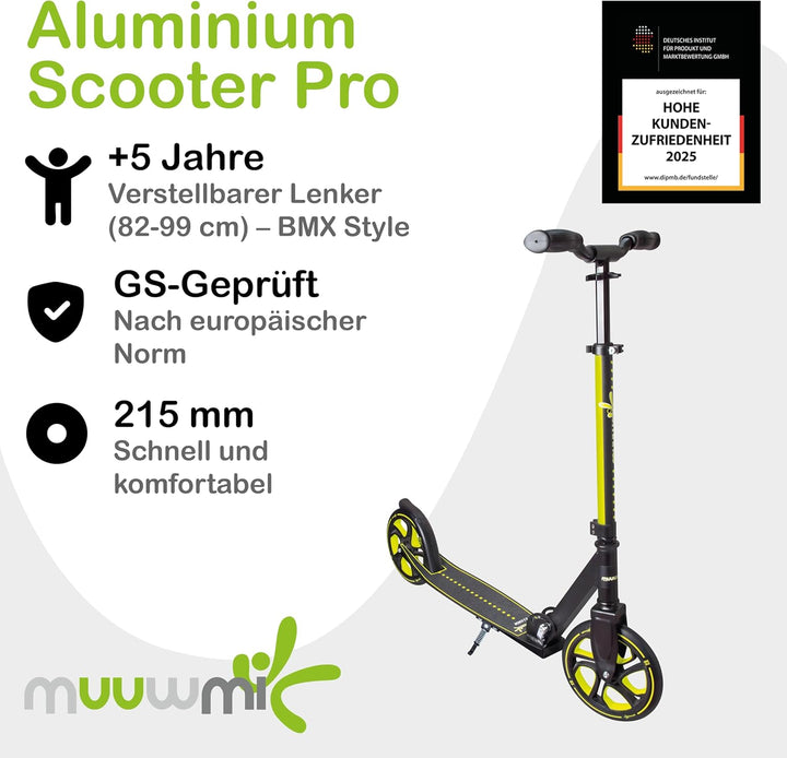 muuwmi Aluminium Scooter Pro – Tretroller, 215 mm, ABEC 7, für Kinder und Erwachsene, GS-geprüft, hö