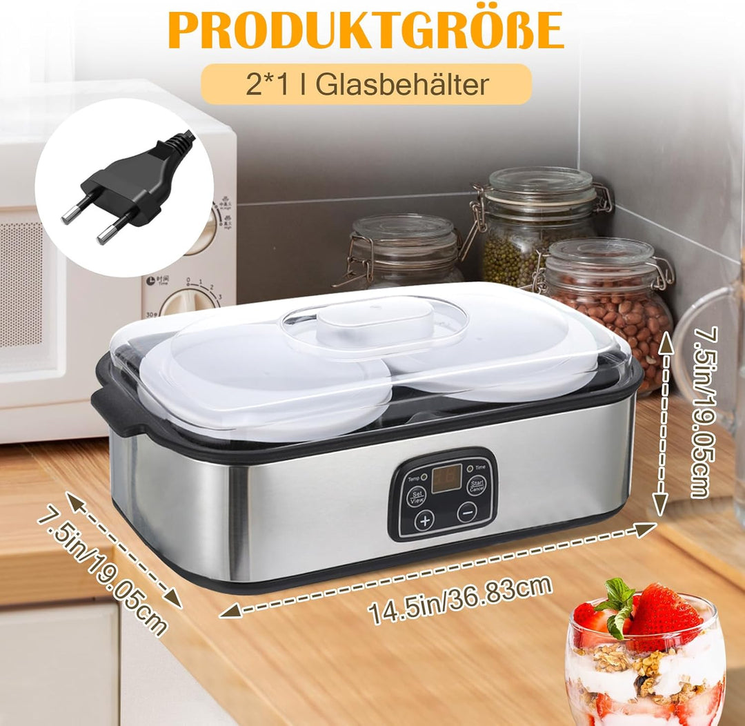 Joghurtbereiter, 2L Automatischer Digitaler Joghurtmaschine mit 2 Gläsern, Joghurtmacher mit Timer u
