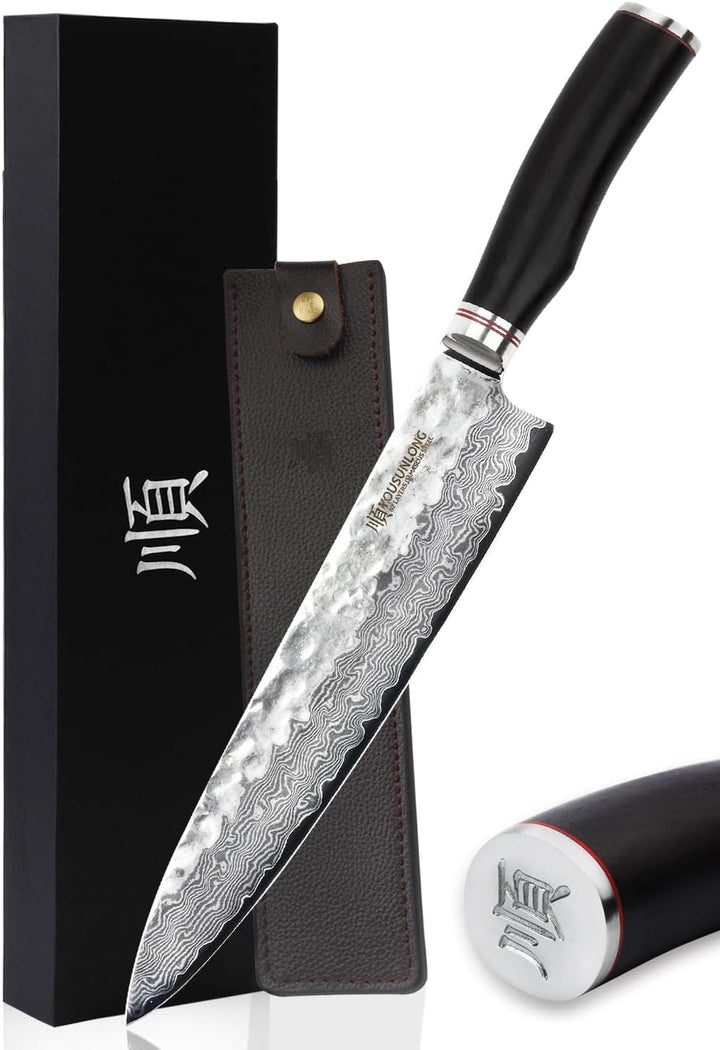 YOUSUNLONG Kochmesser 10 Zoll Pro Gyuto Japanisch Gehämmerter Damaststahl Natur Bleiholzgriff mit Le