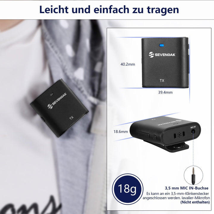 SevenOak Drahtloses Lavalier Mikrofon, mit Rauschunterdrückung/Gain/Mute, Ansteckmikrofon mit Stereo
