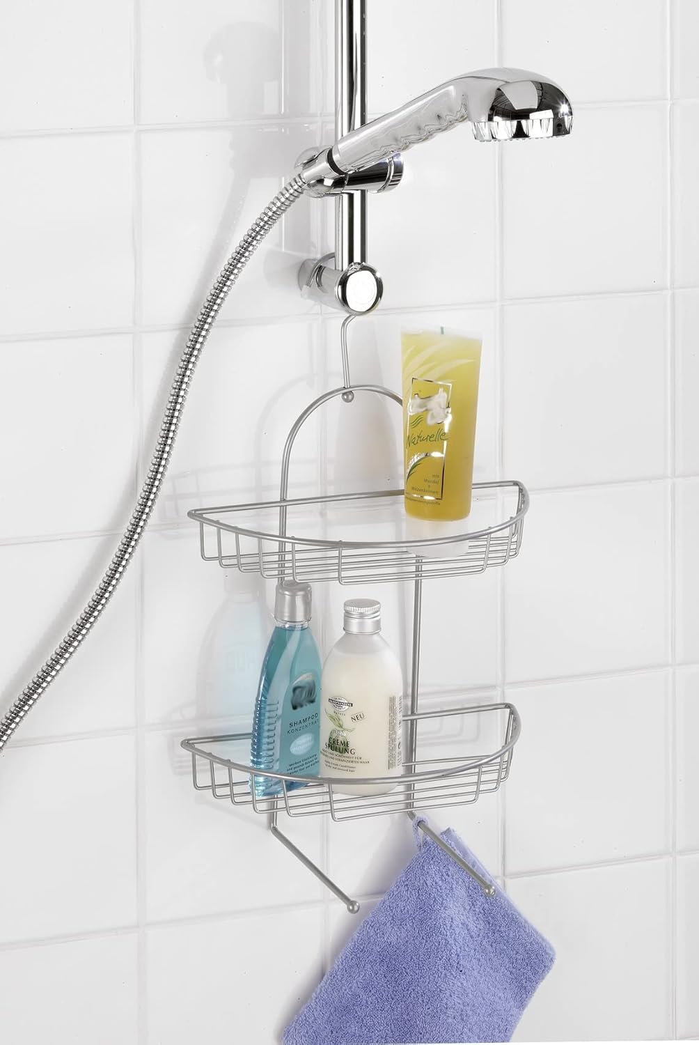 WENKO Exklusiv Duschcaddy Kuopio mit 2 Körben - halbrundes Duschregal, 2 Ablagen, 2 Haken, Stahl, 28