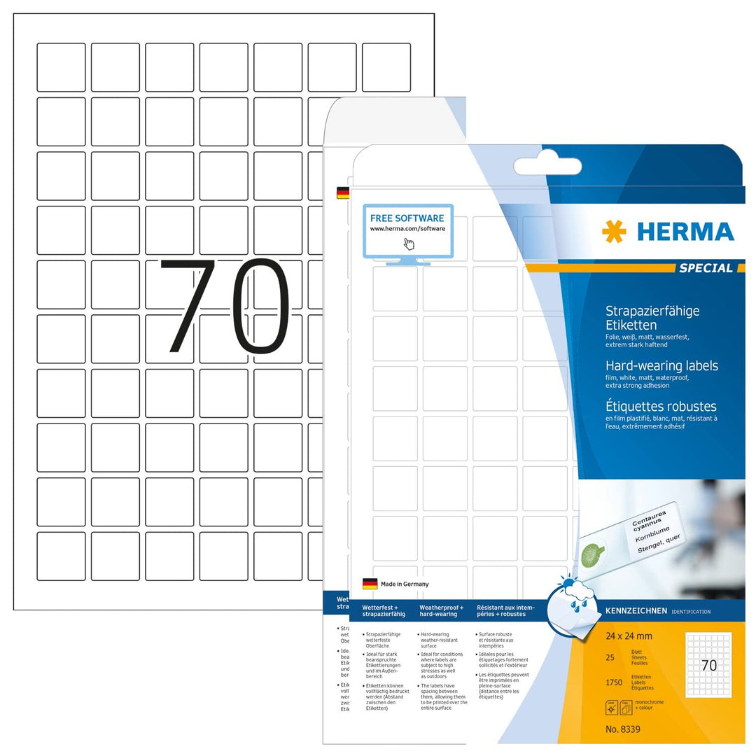 HERMA 8339 Wetterfeste Folienetiketten, 25 Blatt, 24 x 24 mm, 70 Stück pro A4 Bogen, 1750 Aufkleber,
