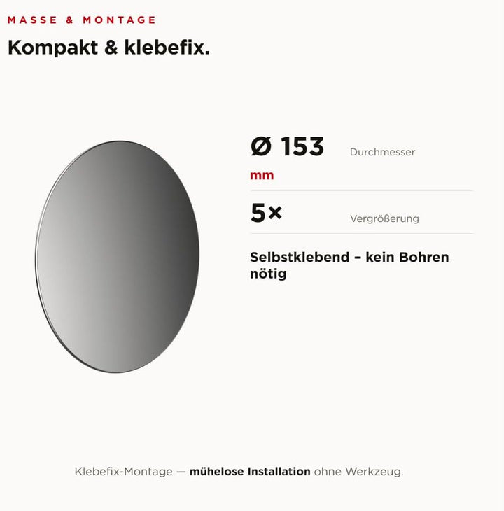 EMCO Pure Klebespiegel Rund (Ø 153 mm) 5-fach Vergrösserung fürs Badezimmer in Chrom - Spiegel, Mass