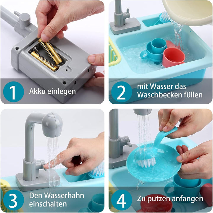 cute stone Küchenspüle Spielzeug Set mit warmbarem Wasser-Recycling Wasserhahn und Waschbecken, Wärm