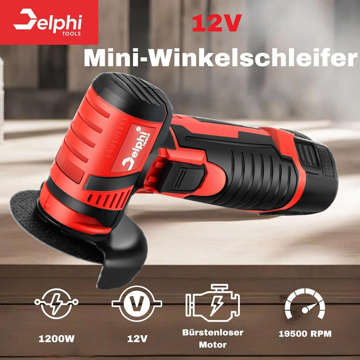 Delphi Mini Akku Winkelschleifer mit 2 Akkus und 7 Trennscheiben - Bürstenloser Mini Flex mit Zubehö