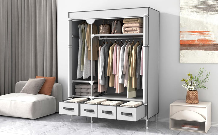 Kleiderschrank,Stoffschrank,Stoffschrank mit Schubladen 130x45x175 Grayish-white, 130x45x175 Grayish