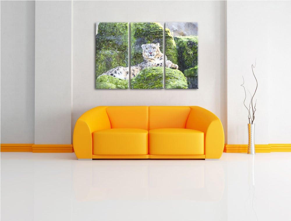 Schneeleopard auf Stein Spezial 3-Teiler Leinwandbild 120x80 Bild auf Leinwand, XXL riesige Bilder f